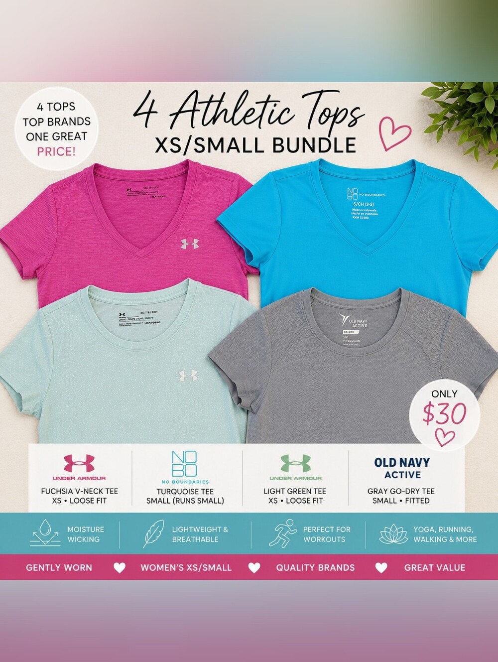 🦚Under Armour + Old Navy Active + No Boundaries Athletic Top Bundle | XS/Small